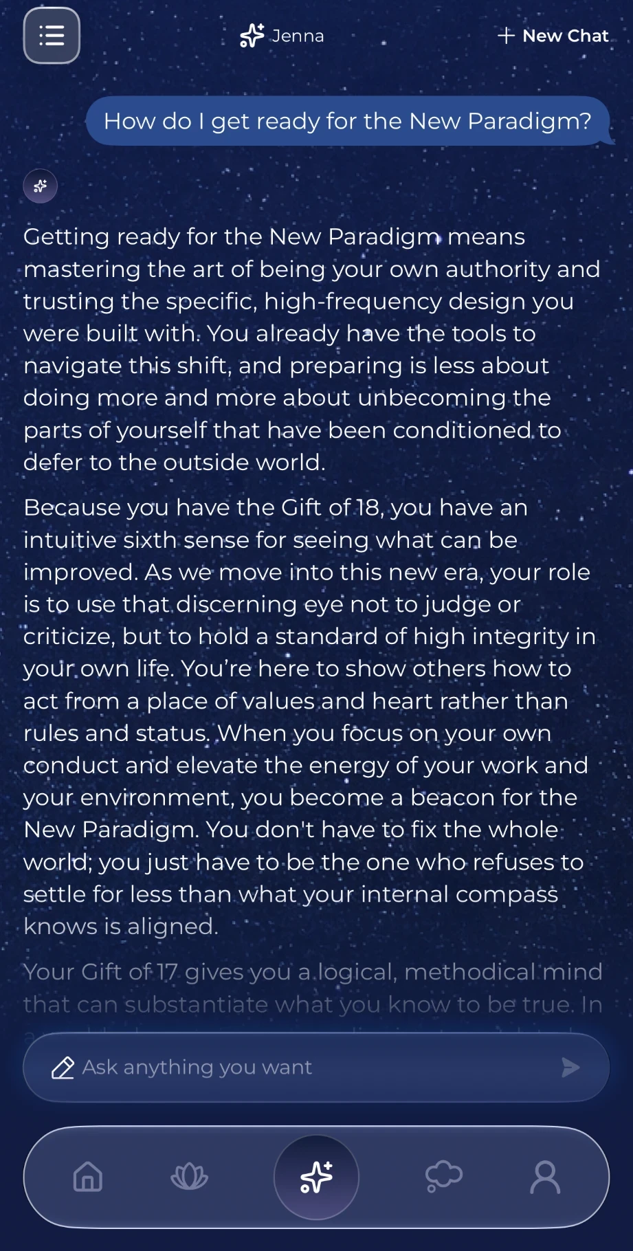 Ask Jenna AI answering how to get ready for the New Paradigm, drawing on the user's own Gifts.